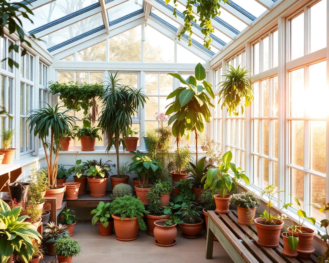 A bright sunlit conservatory filled with houseplants